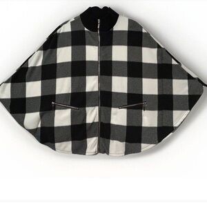 NWT Le Moda Womens Poncho Fleece Black White Buffalo Plaid Full Zip Pockets OS